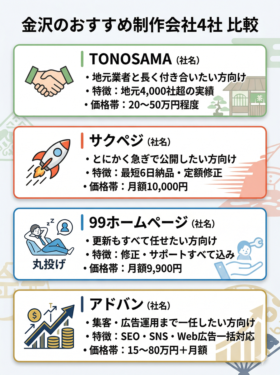 金沢のおすすめホームページ制作会社4社(TONOSAMA、サクペジ、99ホームページ、アドバン)の特徴と価格帯の比較まとめ